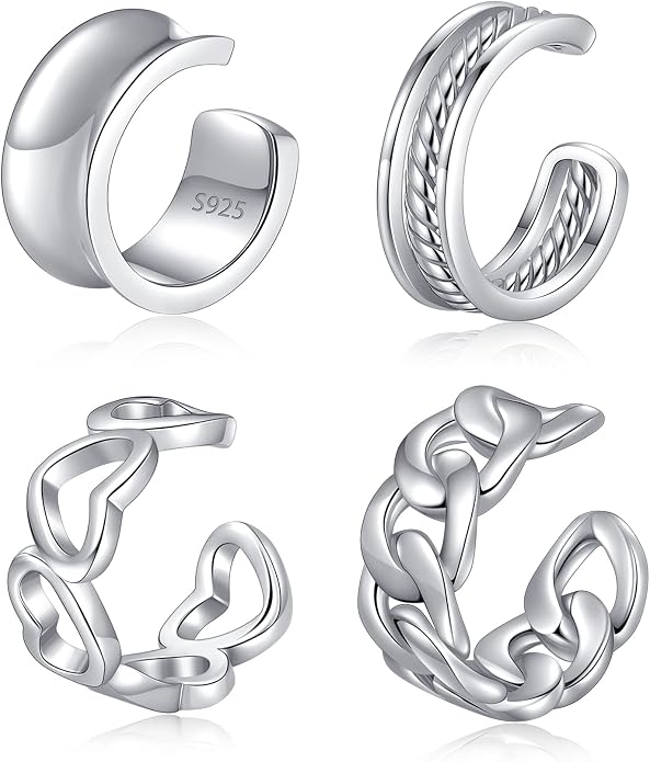 CHIC & ARTSY 925 Sterling Silver Ear Cuffs for Women, Non Piercing Clip On Cartilage Cuffs, Adjustable Fake Conch & Helix Earrings, Gold Plated & Oxidized Various Styles
