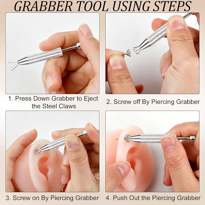 ONESING 2Pcs Piercing Ball Grabber Tool for Changing Jewelry, Stianless Steel Flat Back Earring Applicator Internally Threaded Push Pin Piercing Grabber Tool, Anti Slip 4 Claw Gem Ball Grabber Tool
