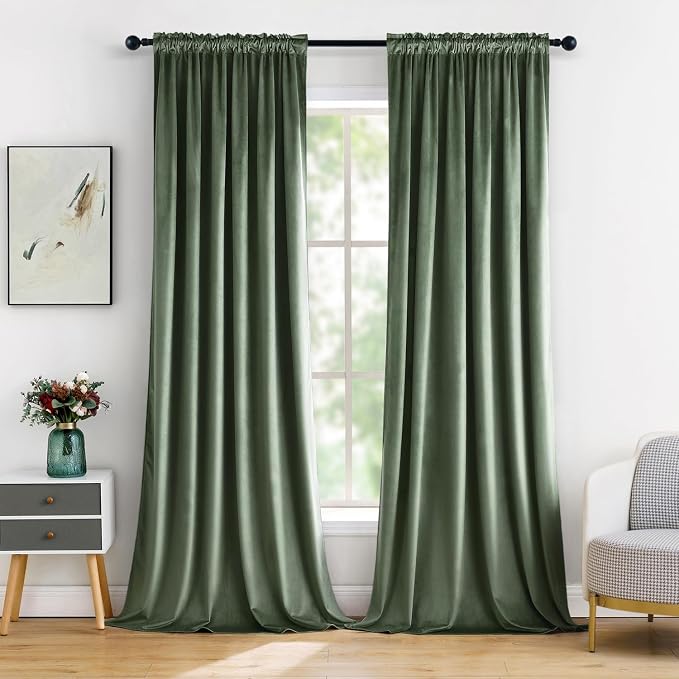 MIULEE Sage Green Blackout Velvet Curtains Drapes 96 Inch Long 52"x96" | Luxurious Bedroom Living Room Decor, Room Darkening, Thermal Insulated, Rod Pocket Design, Super Soft Fabric