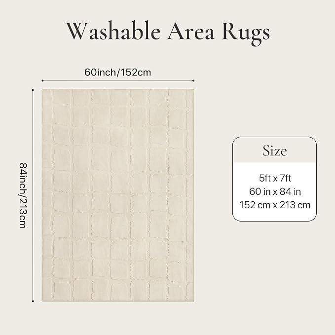 GENIMO Soft Washable Area Rugs 5x7, 3D Modern Tile Design Rugs for Living Room, High-Low Pile Textured Non Slip Fuzzy Shag Carpet, Non-Shedding Stain Resistant Beige Carpet for Bedroom, Dining Room