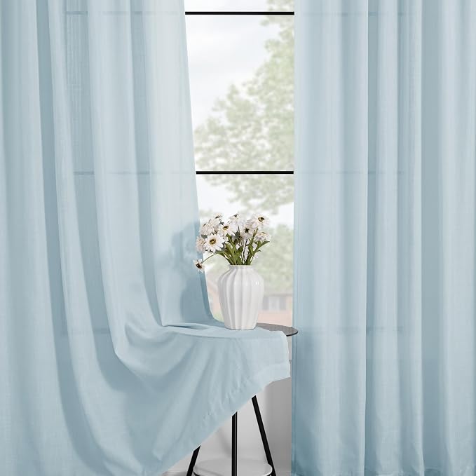 Sky Blue Curtains 63 inch Length for Bedroom Back Tab Light Filtering Semi Sheer Blue Living Room Curtains Linen Cotton Textured Drapery Panel Aesthetic Decor Light Blue 52x63