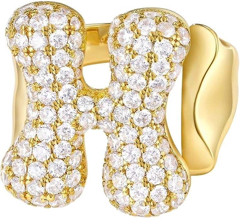 KissYan Bubble Initial Ring for Women, 14K Gold Plate Balloon Jumbo Letter Rings Open Adjustable Dainty Pave CZ Personalized Fashion Jewelry Gift for Mother's Day