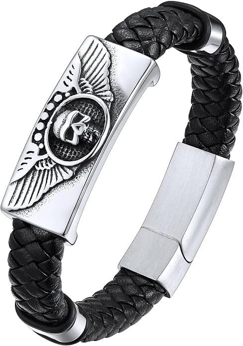 ChainsHouse Mens Wrap Braided Leather Black Bead Bracelets Bangles, Vintage Star of David/Wing Skull/Templar Cross Genuine Leather Bracelet, Customize Available, Size 7.5/8.3/9.0 Inch, Send Gift Box