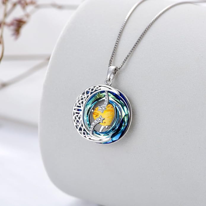 TOUPOP Birthstone Necklace 925 Sterling Silver Moon and Star Pendant Celtic Moon Jewelry with Blue Crystal Anniversary Birthday Gifts for Women Mom Wife Her
