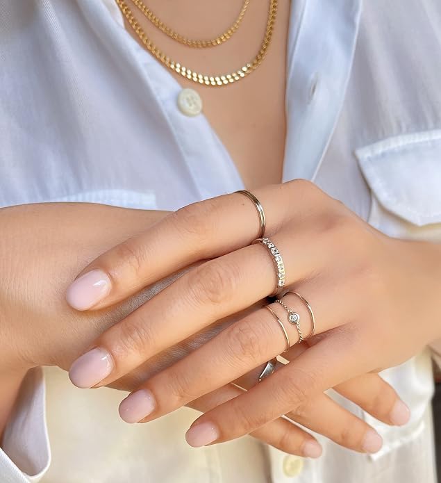 JEWELHEART 14K Solid Gold Wedding Band For Women - 1mm Yellow and White Real Gold Thin Simple Knuckle Midi Ring - Dainty Stackable Rings Size 5, 6, 7, 8