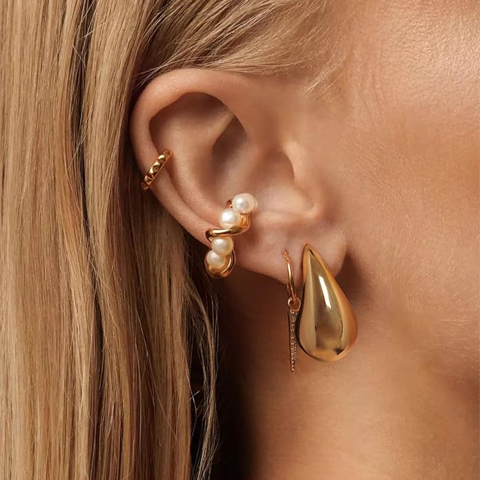 Gold Drop Clip On Earrings Dupes Teardrop Chunky Non Pierced Earring 14K Real Gold Plated Hypoallergenic Lightweight Earrings for Women（Gold and Silver）