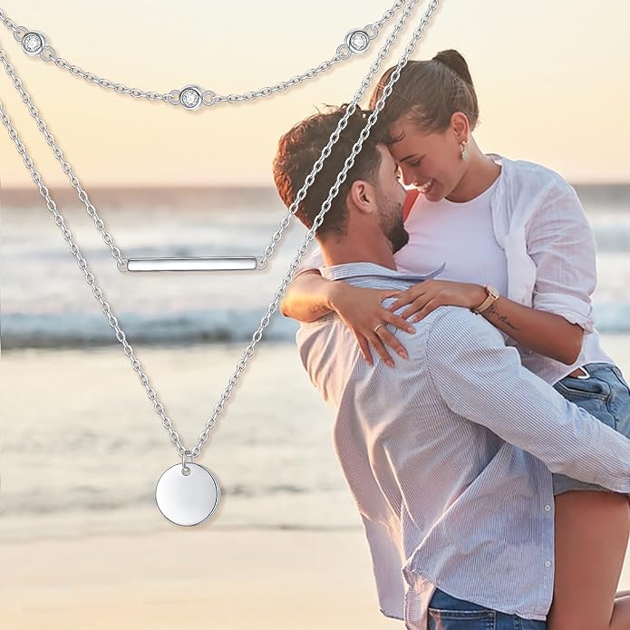 Layered Choker Necklaces for Women S925 Sterling Silver Circle/Heart/Cross/Star Multi Layered Necklace Handmade Bead Chain Adjustable Jewelry for Birthday