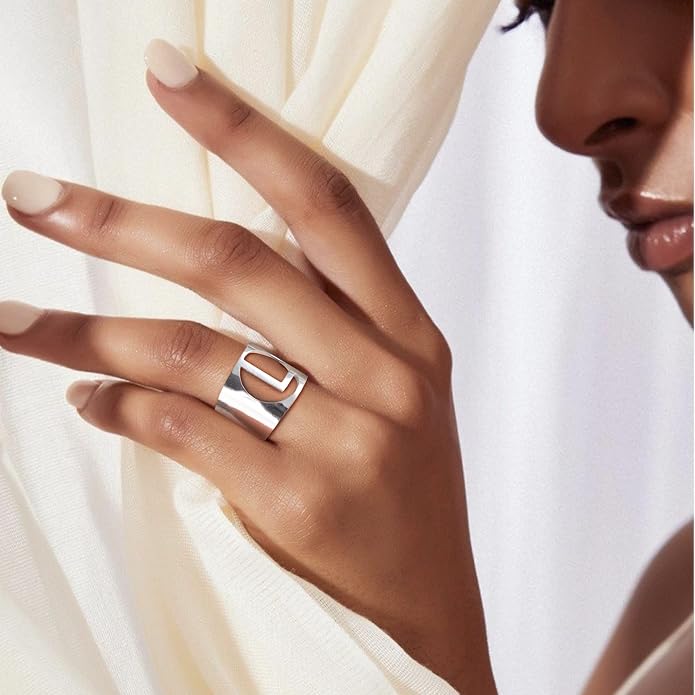 KeyStyle Bold Initial Letter Rings Adjustable, GoldChic Jewelry Women Gold Statement Ring Personalized Engraved Women’s Open Signet Ring for Party (Gold, White Gold, Black)