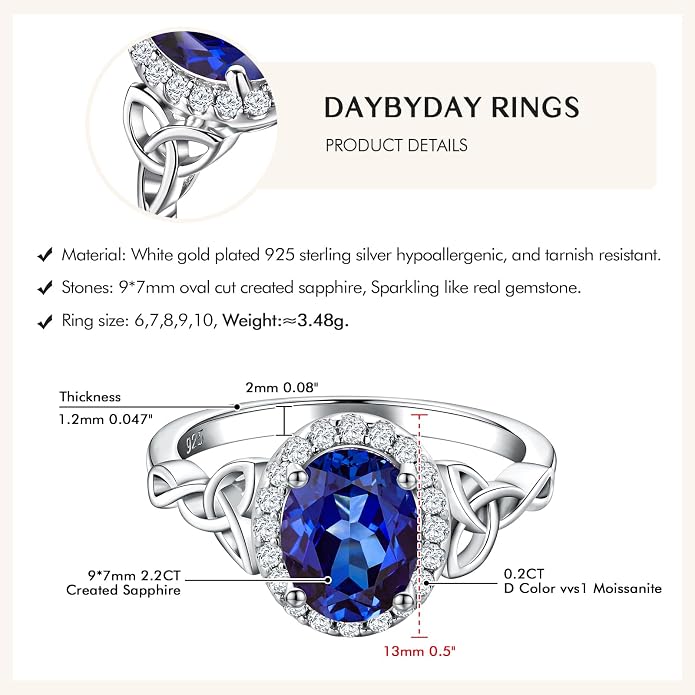 DAYBYDAY Celtic Birthstone Rings for Women 925 Sterling Silver Heart/Round/Pear/Oval Created Gemstone Moissanite Halo Engagement Promise Rings for Her Wife Birthday Anniversary Wedding Jewelry