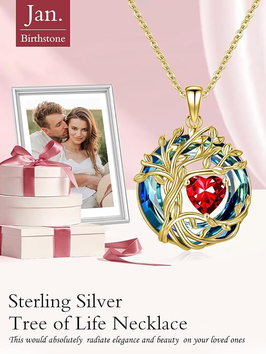 TOUPOP Tree of Life Birthstone Necklace Sterling Silver Pendant Birthstone Necklaces with Blue Crystal Anniversary Birthday Jewelry for Women Mom Wife Her