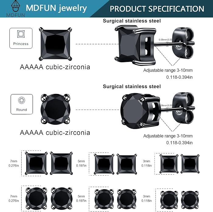 MDFUN 6 Pairs Stud Earrings Set 3mm/5mm/7mm Princess & Round Cubic Zirconia Earrings Hypoallergenic 316L Surgical Stainless Steel CZ Earrings for Women Men