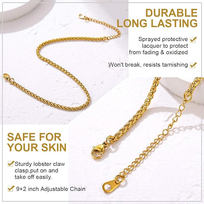 GoldChic Adjustbale Link Chain Anklet for Women Summer Jewelry, 316L Stainless Steel Figaro/Wheat/Twist Rope/Cuban Foot Bracelet-Waterproof, Resizable 9"-12" (Gift Box Included)
