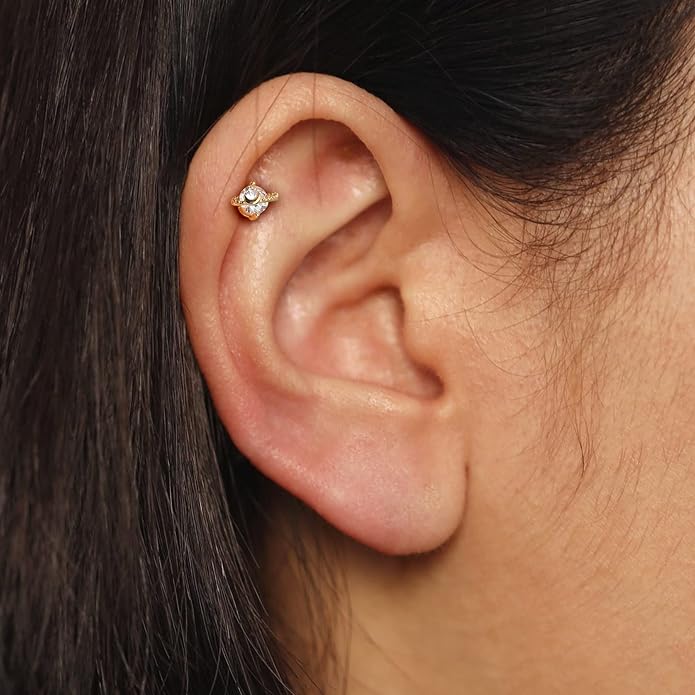 Cocharm 14K Solid Gold Cartilage Earring - Planet Yellow Gold Flat Back Helix Stud, 16g
