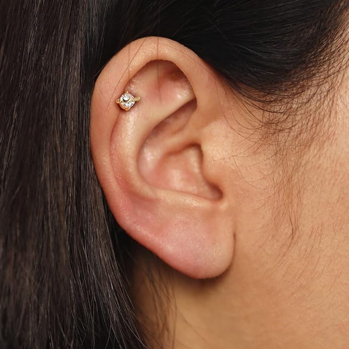 Cocharm 14K Solid Gold Cartilage Earring - Planet Yellow Gold Flat Back Helix Stud, 16g
