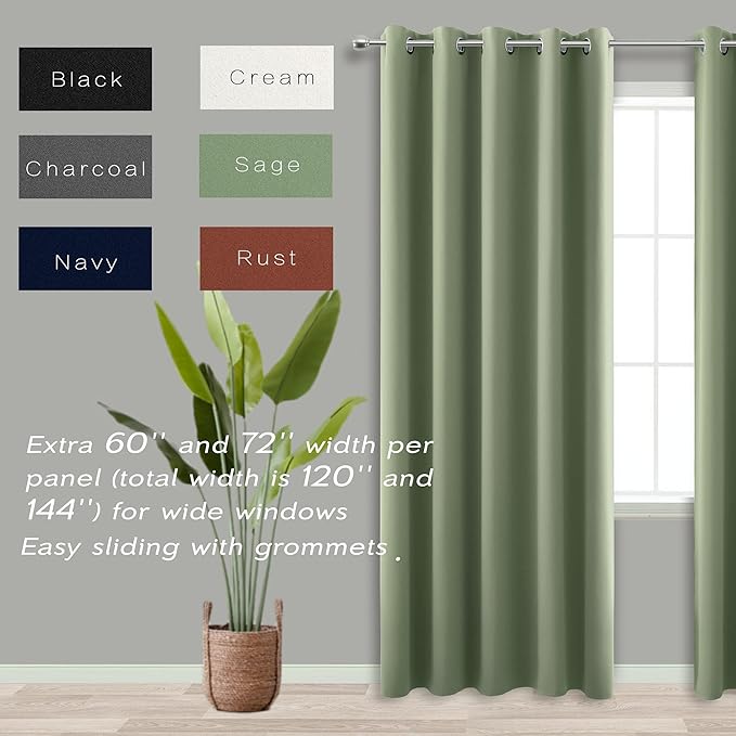 KOUFALL Sliding Door Curtains for Patio,Blackout Thermal Curtain Panels Set of 2 84 Inch Length for Living Room,Total Extra Width 120 x 84 Inches Long,Each 60 Inch Wide,Sage Green