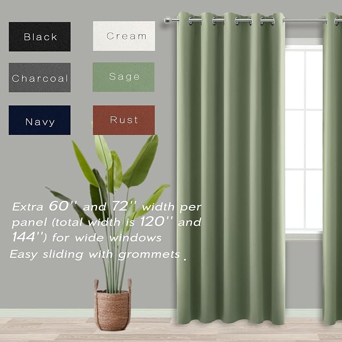 KOUFALL 72 Inch Wide Curtains for Bedroom,Extra Wide Blackout Heat Temperature Control Window Coverings for Kitchen,63 Inch Length,Sage Green