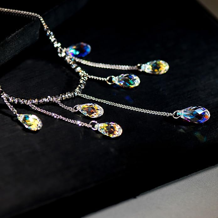 925 Sterling Silver Handmade Crystals Rain Drop Tassel layered Pendant Boho necklace statement Chandelier shape Lobster Clasp Length Choker 18"+2" Ideal Gift for Women Ladies Dress accessories.