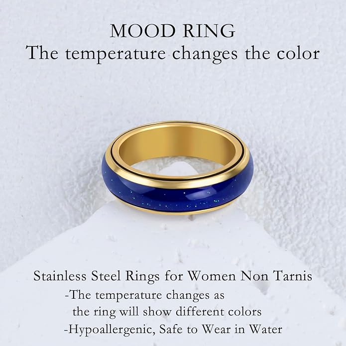Mood Fidget Ring for Women Teens - 6mm Stainless Steel Temperature Sensative Color Changing Spin Rings for Anxiety Relief Mood Jewelry