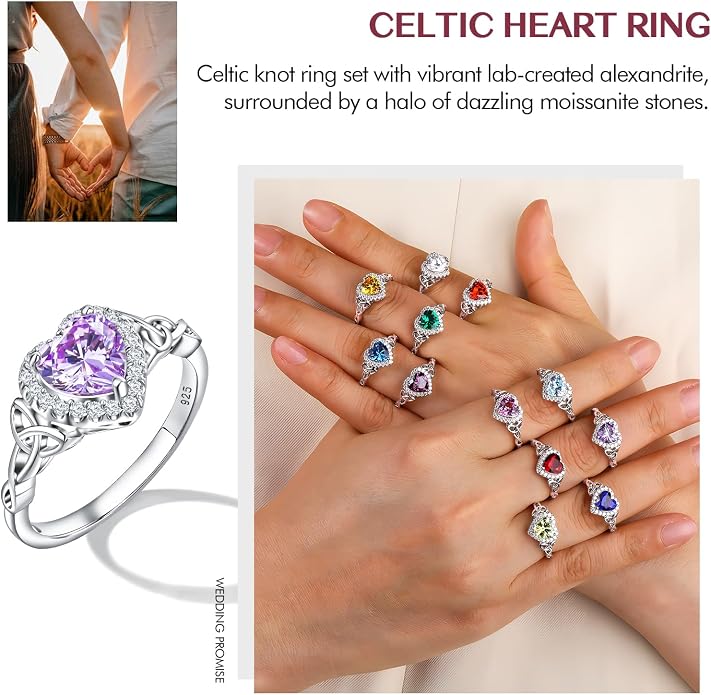 DAYBYDAY Celtic Birthstone Rings for Women 925 Sterling Silver Heart/Round/Pear/Oval Created Gemstone Moissanite Halo Engagement Promise Rings for Her Wife Birthday Anniversary Wedding Jewelry