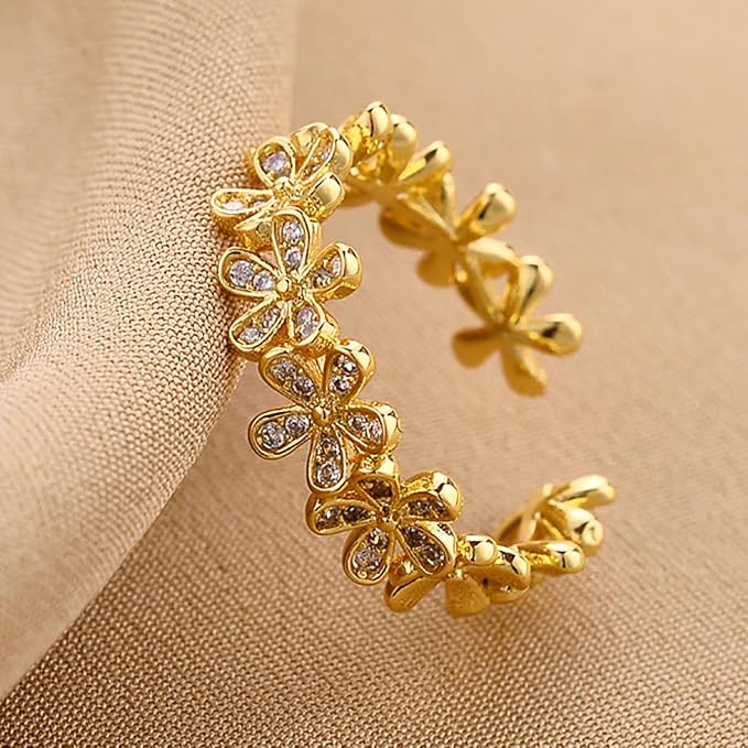 Adjustable Open Dainty Small Daisy Rings Flower Finger Rings for Women Sunflower Stacking Promise Rings Fine Jewelry(Gold)