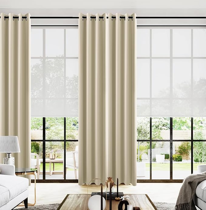 KOUFALL Beige Blackout Curtains 2 Panels,Black Out Room Darkening Grommet Bobo Eclectic Curtains for Living Room with Rings,52x102 Inches Long