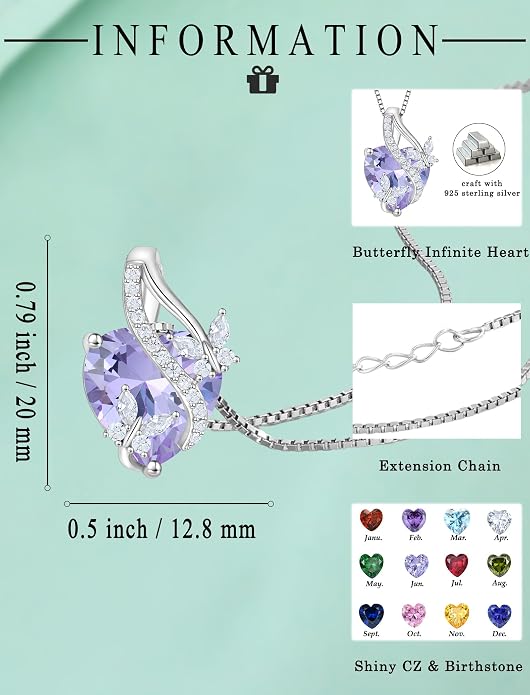 Butterfly Necklaces for Women Sterling Silver Infinity Heart Pendant Birthstone Jewelry Gift with 14k Yellow Gold/Rose Gold Plated