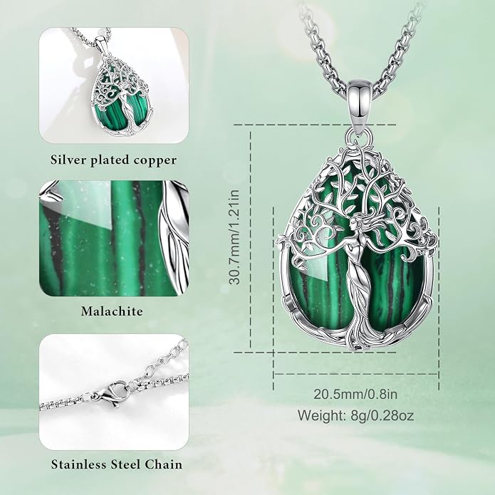 AEONSLOVE Tree of Life Necklace with Crystal for Women, Amethyst/Obsidian/Turquoise/Moonstone/Malachite Crystal Pendant Necklaces for Ladies