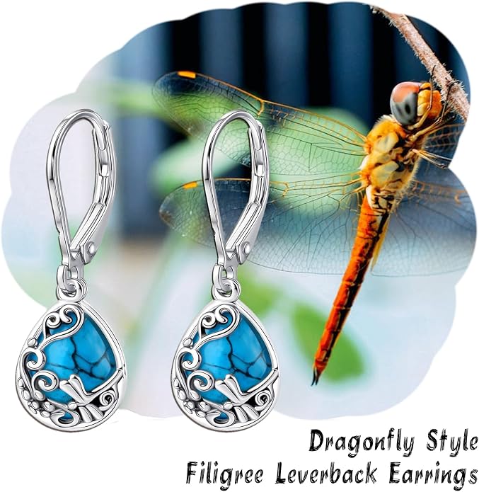 Real 925 Sterling Silver Trendy Dangle Earrings for Women | White Gold Plated | Hypoallergenic Turquoise/Black Onyx/Opal Filigree Jewelry Lightweight Celtic Lover Knot Leverback Earrings Gifts
