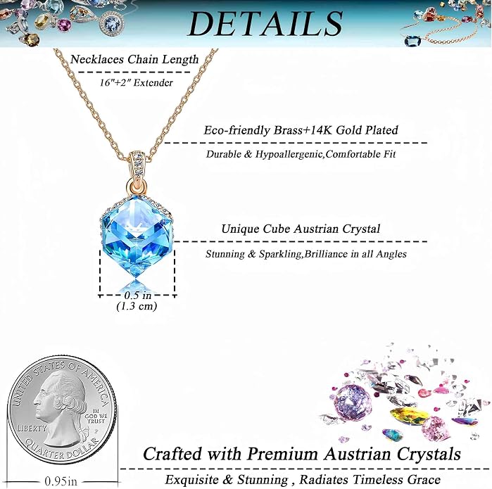 EVEVIC Color Changing Cubic Austrian Crystal Pendant Necklaces for Women 14K Gold Plated Hypoallergenic Jewelry