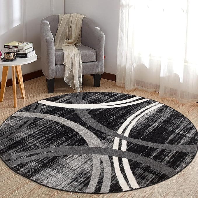 Rugshop Wavy Circles Modern Non-Shedding Living Room Round Rug Black 6'6"