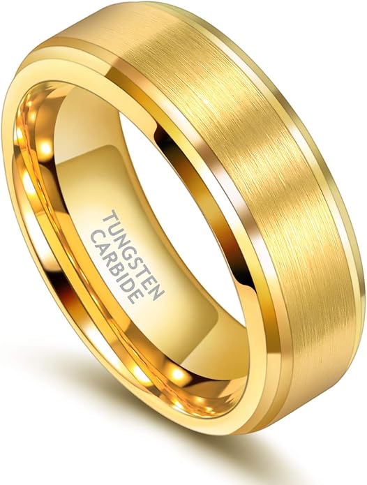 TRUMIUM 6mm 8mm Mens Womens 24K Gold Plated Tungsten Wedding Ring Band Brush Finish Scratch Resistant Size 5-14
