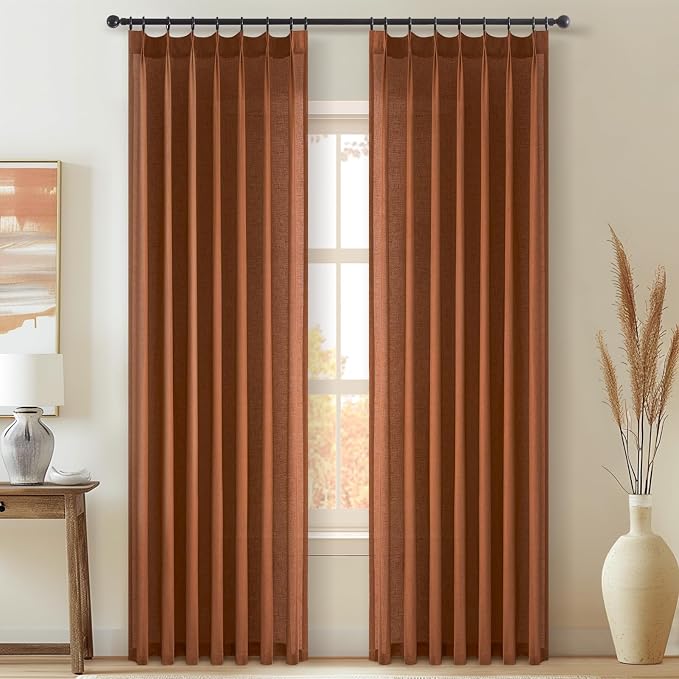 Topfinel Pinch Pleated Curtains 90 Inches Long 2 Panels Set,Rust Colored Semi Sheer Blend Fabric Farmhouse Cozy Rustic Western Home Decor Curtain Drapes for Living Room Bedroom,40x90 inch Length