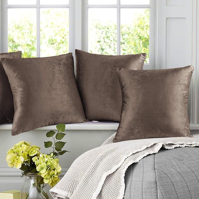 Nestl Throw Pillow Covers, Cozy Velvet Decorative Outdoor Pillow Covers 16 x 16 Inches, Soft Solid Cushion Covers for Sofa, Bed and Car, Set of 2 - Chocolate Brown