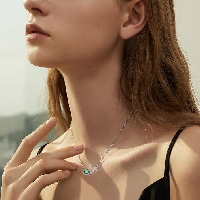 Sideways Cross Necklace with Heart Birthstone 925 Sterling Silver Dainty Tiny Cute Necklace Christian Religious Faith Gifts