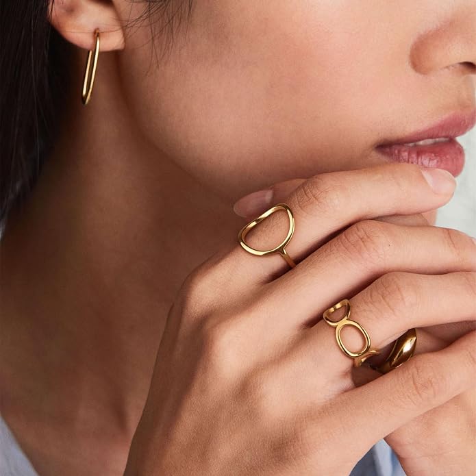 2PCS Circle Statement Ring Set for Women 14K Gold Plated Simple Link Chain Knuckle Stacking Bands（Gold and Silver, Size 5 to 10）