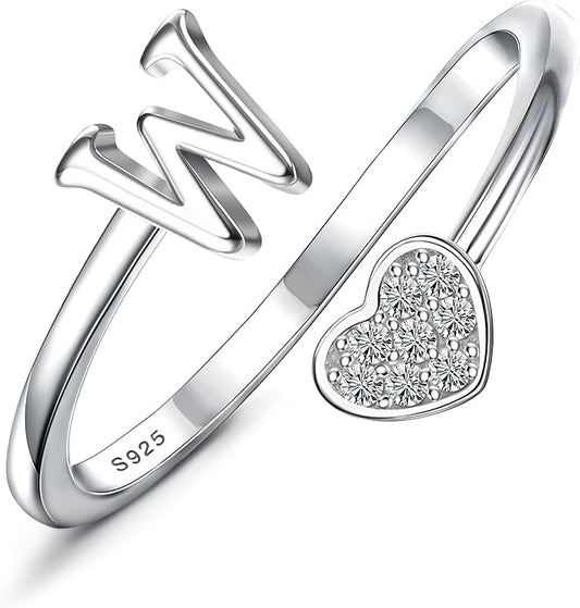 MILACOLATO 925 Sterling Silver Initial Rings for Women Teen Girl 18K Gold Plated Heart Initial Rings Adjustable Capital Letter Ring Stackable Thumb Pinky Rings for Daughter Birthday Bridesmaid Gifts Jewelry, A to Z