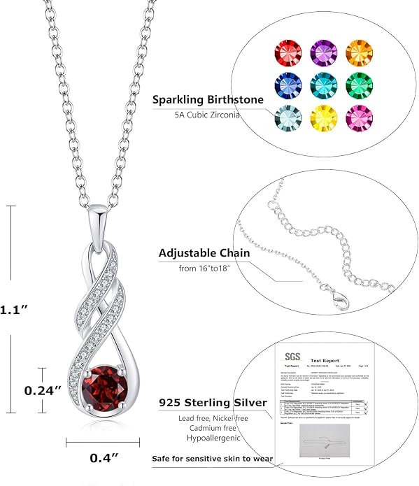 Birthstone Necklaces for Women 925 Sterling Silver Infinity Pendant Created Gemstone Jewelry for Her, 16"+2"