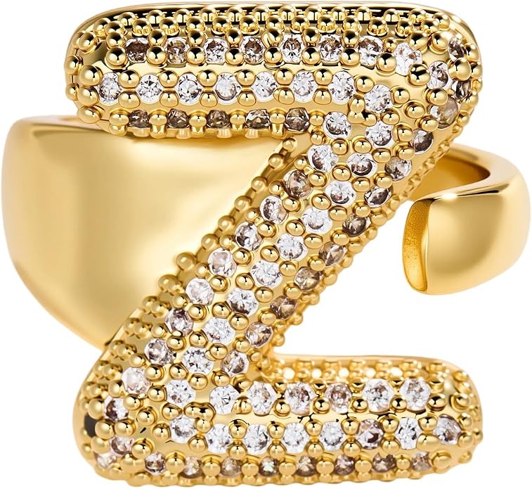 Cicy Bell Initial Rings for Women 14k Gold Plated Cubic Zirconia Delicate Letter Chunky Statement Open Rings Gifts for Her