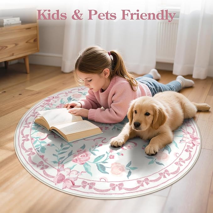 Collive Pink Bow Round Rugs for Girls, 4ft Floral Washable Circle Rug for Bedroom, Cute Ultra-Thin Non Slip Indoor Decor Carpet for Nursery Kids Room Playroom Living Room