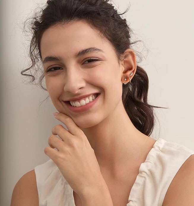6 Pairs 14K Gold Plated Stud Earrings for Women, Hypoallergenic Cartilage Earrings for Multiple Piercing, Dainty Small Stackable Earrings Set for Jewelry Gift