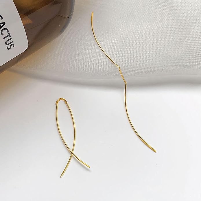925 Sterling Silver Dainty Hard Wire Threader Dangle Earrings for Women 14k Gold Plated Tassel Threader Pull Through Long Half Hoop Earring Wedding Bridal Birthday Jewelry Gifts