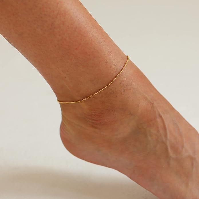 Dainty Ankle Bracelets for Women 18K Gold Plated Satellite Beaded Herringbone Lip Chain Anklets Simple Minimalist Summer Beach Foot Jewelry Christmas Gifts