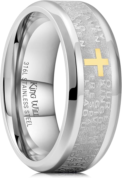 King Will Stainless Steel Men Ring Lord's Prayer Cross Ring Stainless Steel Men Wedding Ring, Wedding Band Bible Engraved Rings High Polished, Comfort Fit