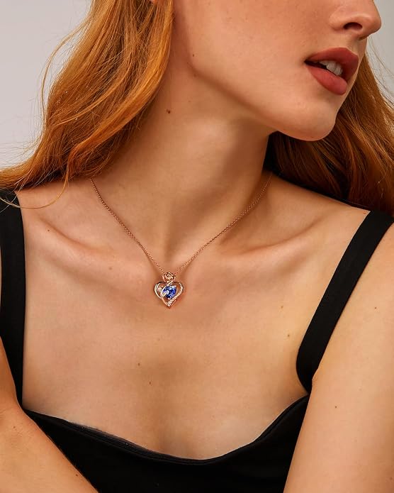 Anniversary Birthday Gifts for Women - Heart Birthstone Necklace: 925 Sterling Silver Rose/White/Yellow Gold Pendant Necklaces Gold Jewelry Gift for Wife Girlfriend Mom Daughter Grandma