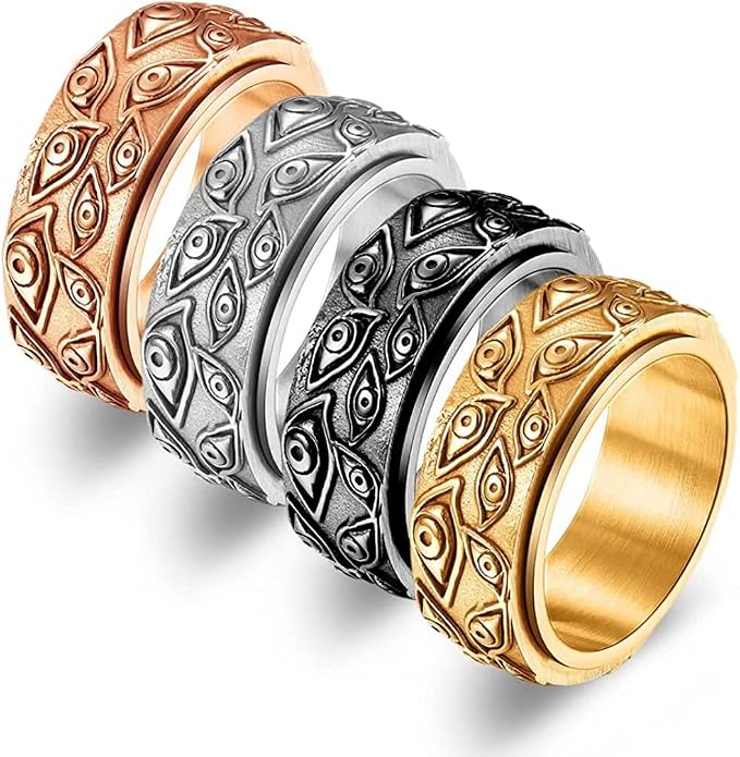 Men's Stainless Steel Eye of God Ring Band All Seeing Eye Spinner Rings Black Silver Vintage Jewelry Size 5 to 14