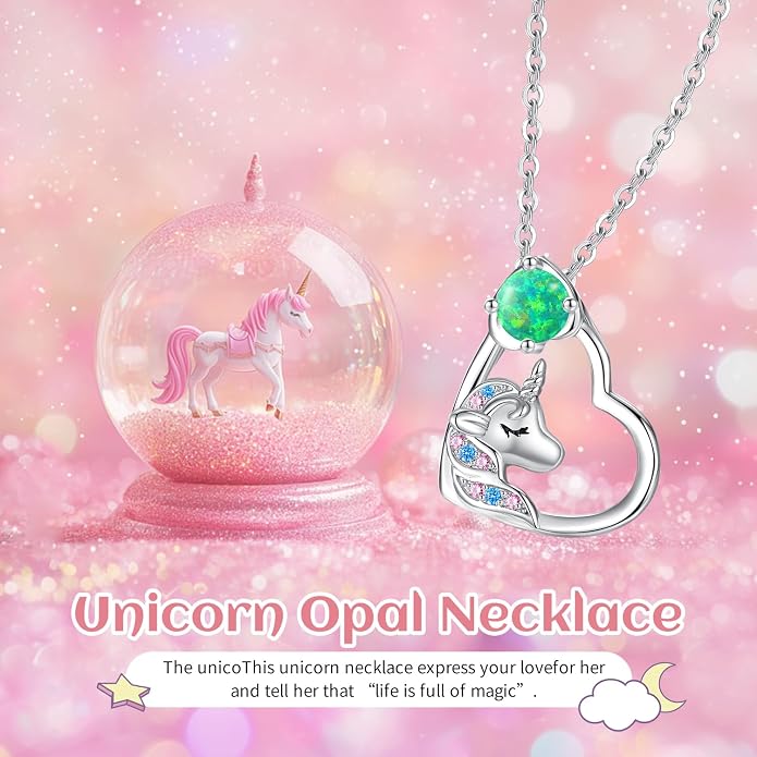 CDE Christmas Gift for women Cute Unicorn Birthstone Necklace for Girls Daughter 925 Sterling Silver Opal Heart Pendant Graduation Birthday Christmas Jewelry Gift for Teenage Girls Niece