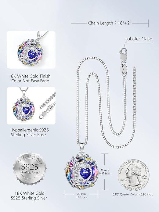 TOUPOP Tree of Life Birthstone Necklace Sterling Silver Pendant Birthstone Necklaces with Blue Crystal Anniversary Birthday Jewelry for Women Mom Wife Her