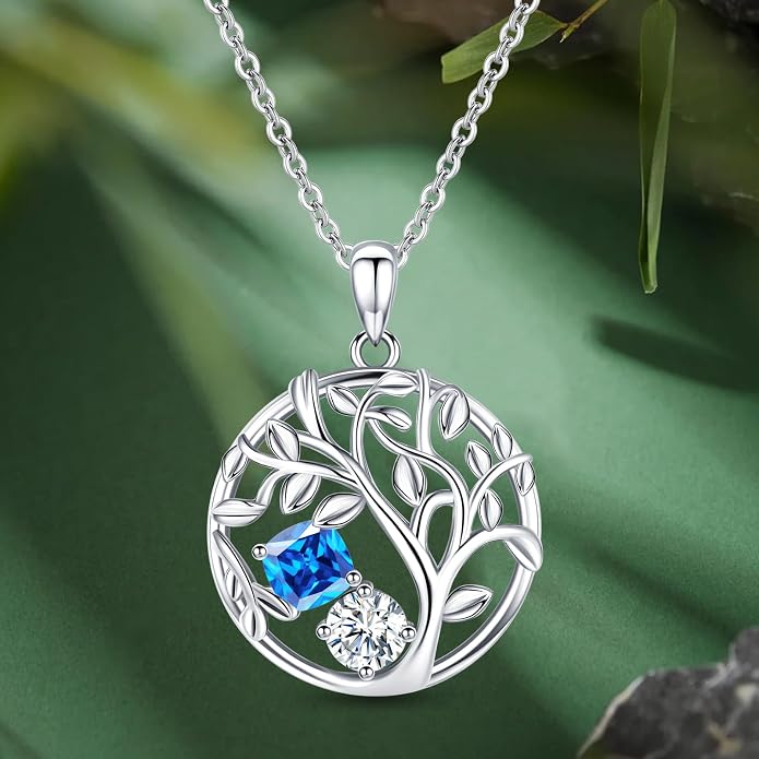Tree of Life Birthstone Necklace for Women 925 Sterling Silver Birthstone Pendant 12 Months Necklaces with Zircon Birthday Gifts for Women, Mom, Grandma Cable Chain 18"+2"