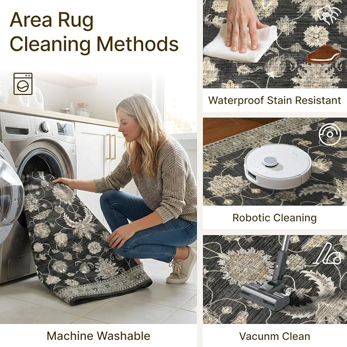5x7 Area Rug for Living Room-Vintage Farmhouse Boho Floral Washable Stain Resistant Indoor Carpet for Bedroom Office and Home Decor(Black&Gold)