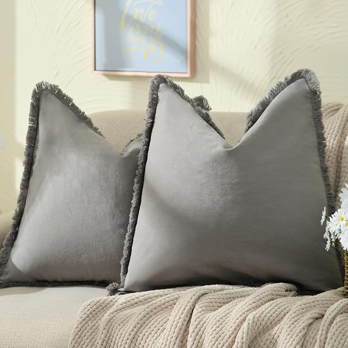 ZWJD Pillow Covers 20x20 Set of 2 Gray Throw Pillow Covers with Fringe Chic Cotton Decorative Pillows Square Cushion Covers for Sofa Couch Bed Living Room Farmhouse Boho Decor